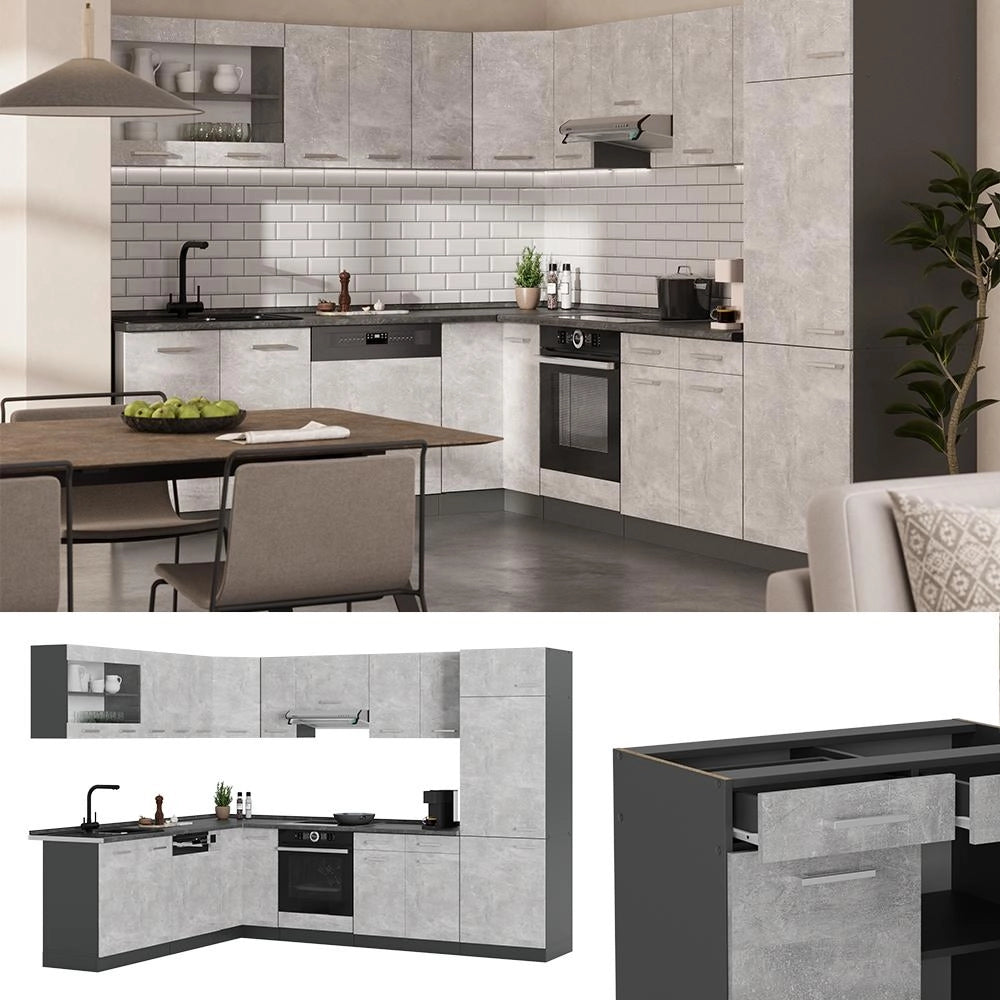 Cucina angolare completa R-Line Calcestruzzo/Antracite 287 x 227 cm senza piano di lavoro Vicco