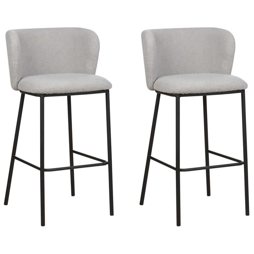 Set di 2 sedie da bar Rivestimento in bouclé grigio Gambe in metallo nero Sgabelli senza braccio Schienale curvo Sala da pranzo moderna Cucina
