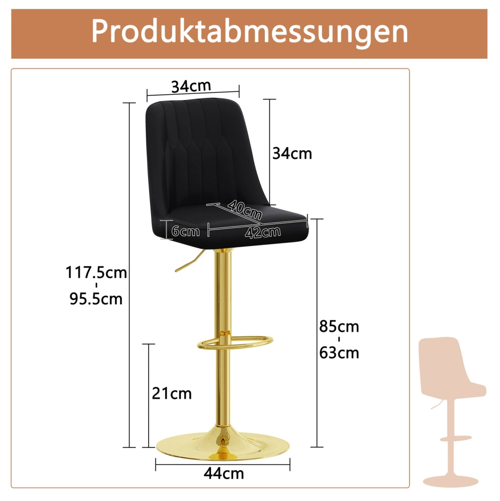 Set di 2 sgabelli da bar regolabili 95,5-117,5 cm in PU nero e metallo dorato