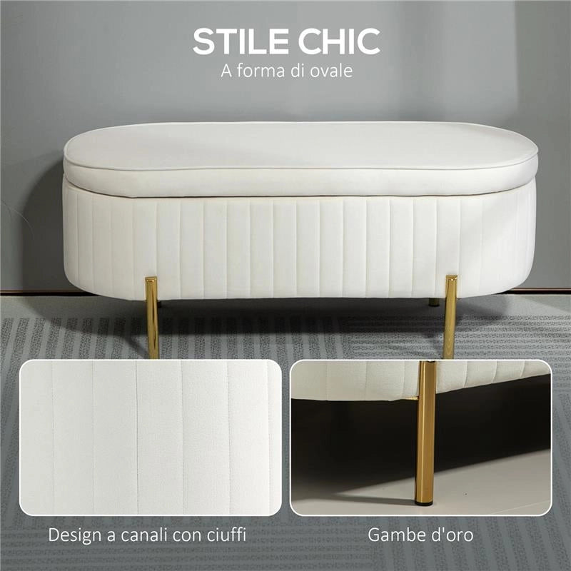 PANCA CONTENITORE OVALE DA 72L CON COPERCHIO SOLLEVABILE, IN TESSUTO VELLUTATO E LEGNO, 108X44X43.5 CM, CREMA