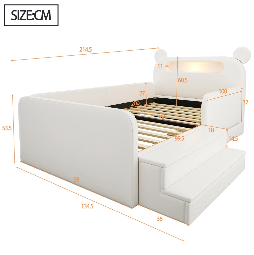 Letto imbottito per bambini 90x200 cm con testiera orso, luce notturna e USB bianco