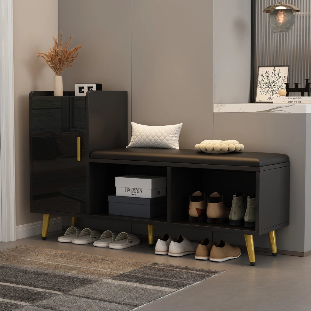 Scarpiera con seduta imbottita - Zephmum- Porta armadio nera lucida, ripiani multipli, accessori dorati