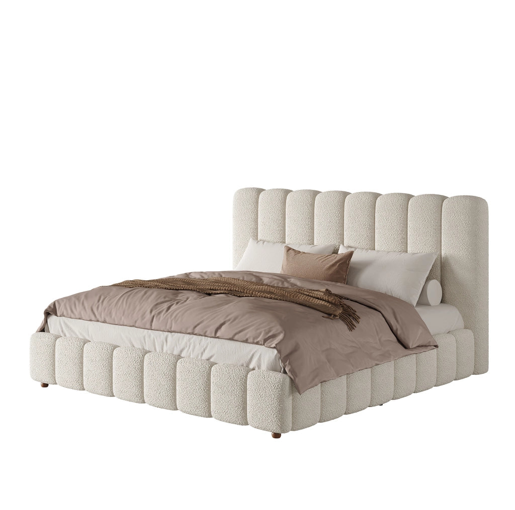 Letto matrimoniale imbottito 180x200 cm in bouclé bianco con rete a doghe