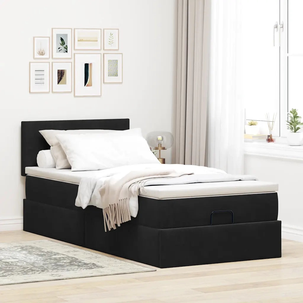 Struttura Letto Pouf con Materasso Nero 90x200 cm in Velluto