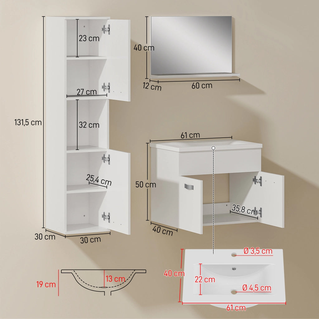 Set Bagno 4 Pezzi ¨C zephmum ¨C Bianco, Multistrato, Parete, Sottolavabo, Specchio