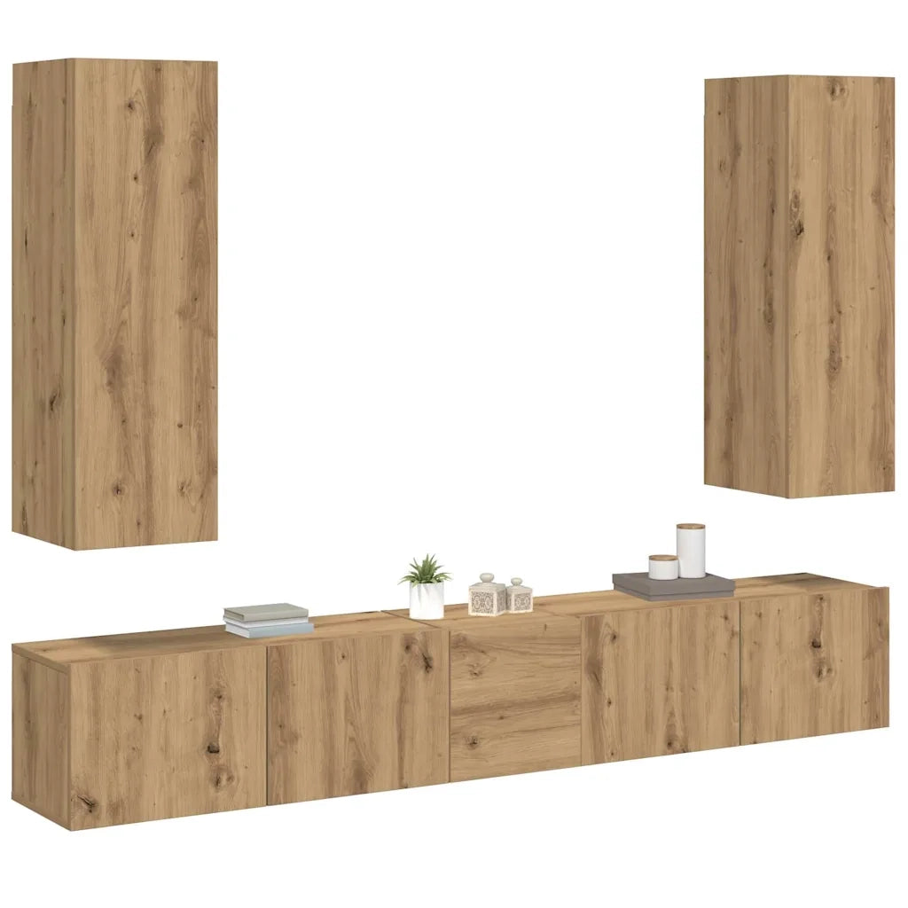Mobili TV a Parete 5 pz Rovere Artigianale in Legno Multistrato