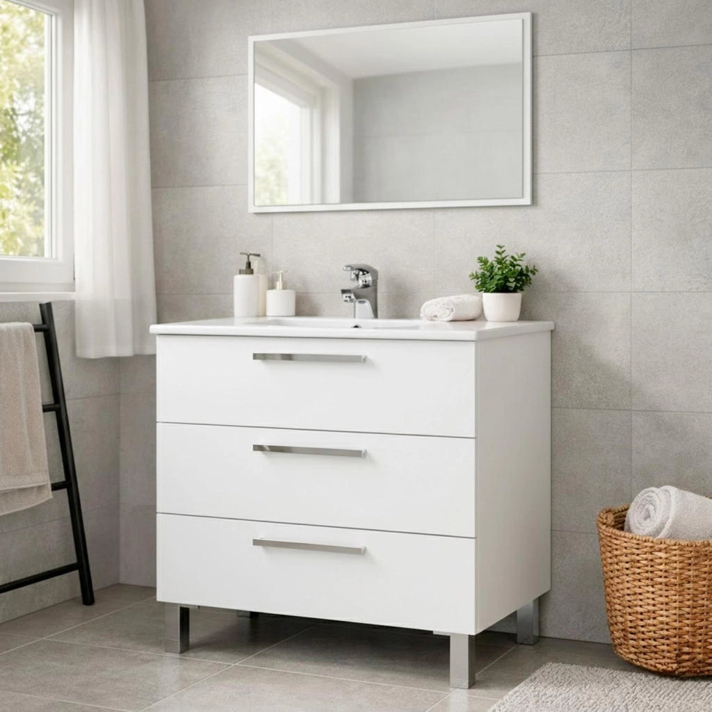 Mobile Bagno A Terra Con 3 Cassetti Lavabo In Ceramica E Specchio 77 X 50 Cm Inclusi Design Moderno Salvaspazio Elegante E Funzionale 80 X 45 X 86 Cm Colore Bianco