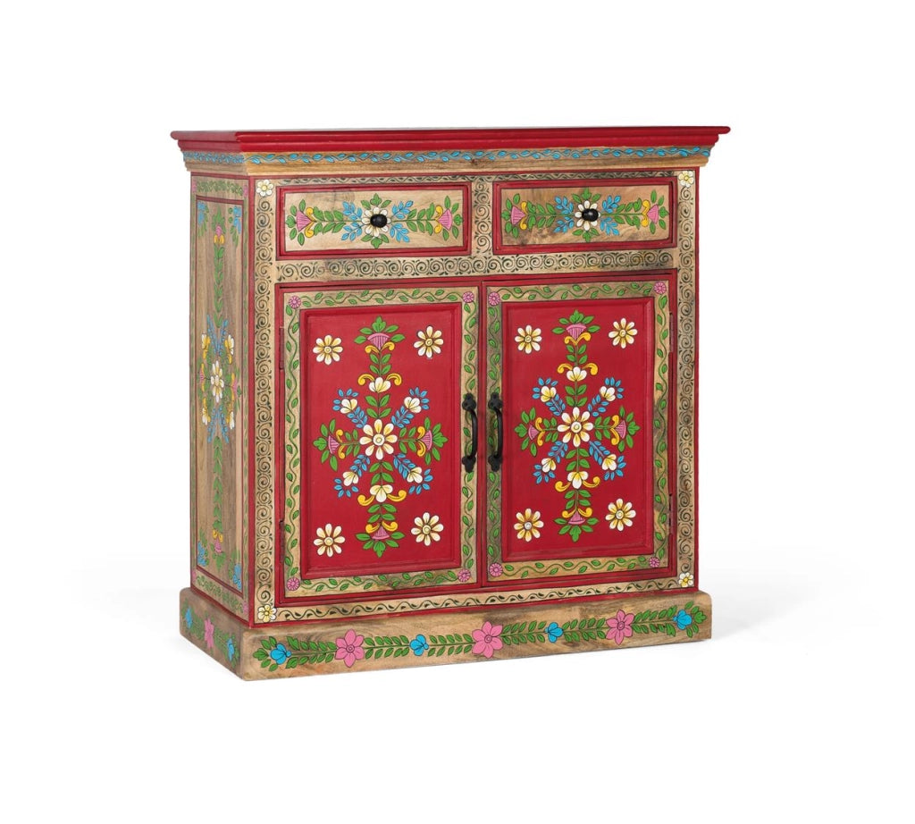 Credenza in legno di mango dipinta a mano con 2 cassetti e ante