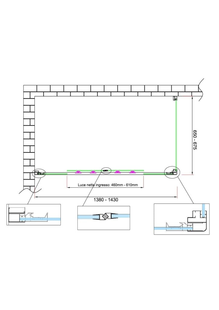 Box doccia 6 mm H 190 parete fissa e porta a 4 ante con apertura centrale MISURA 65-67,5 ANTA FISSA + PORTA 138-143