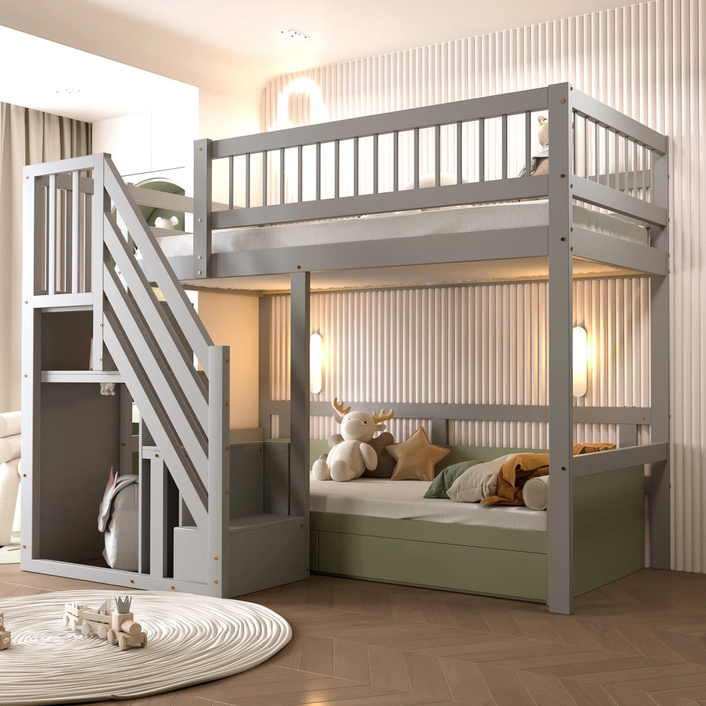 Letto a Soppalco Singolo con Scala Contenitore e Sponde 90×200 cm; senza Materasso; in Legno; Grigio
