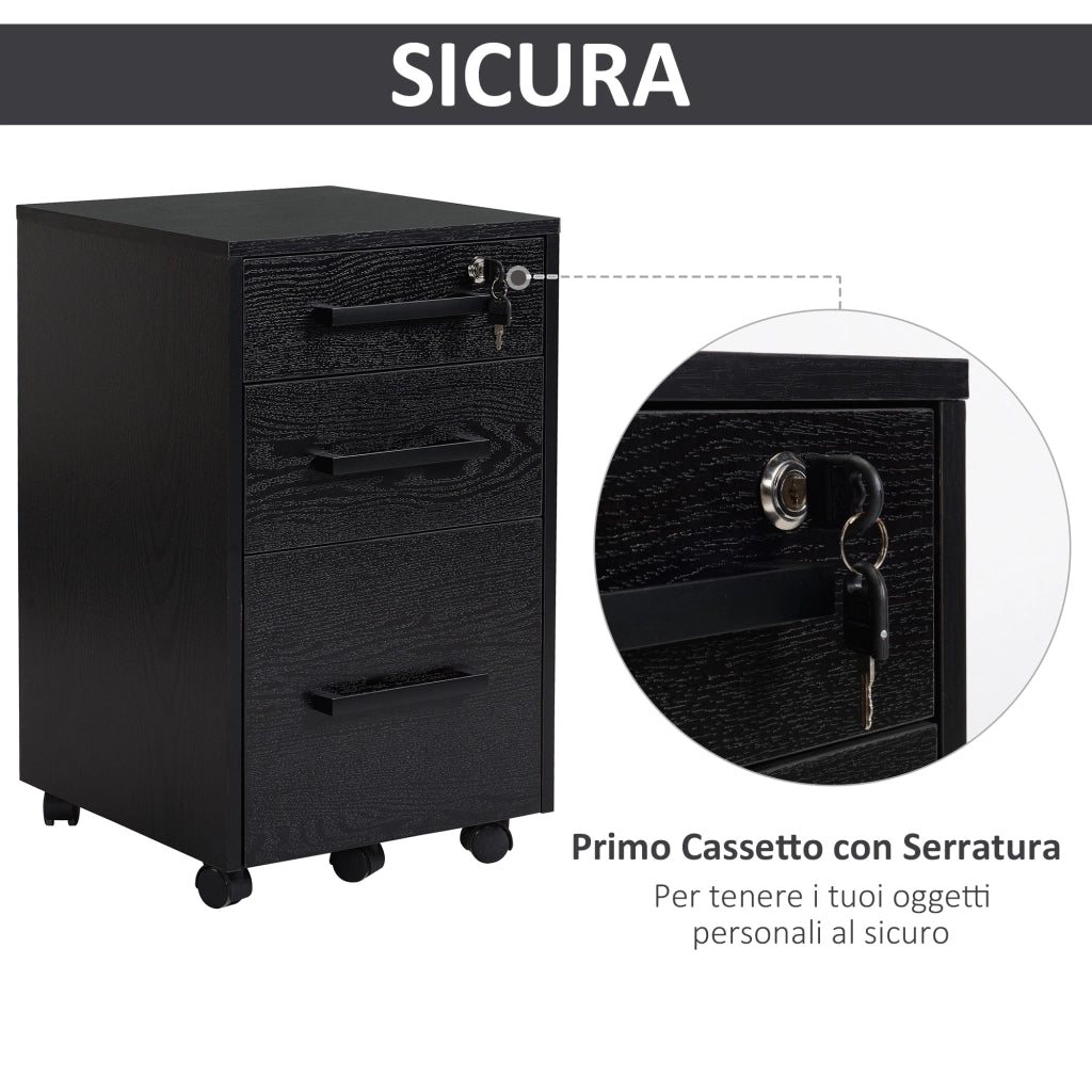 Cassettiera con 3 Cassetti e Serratura ¨C zephmum ¨C Nero, Legno, 39.2x40x65.4cm