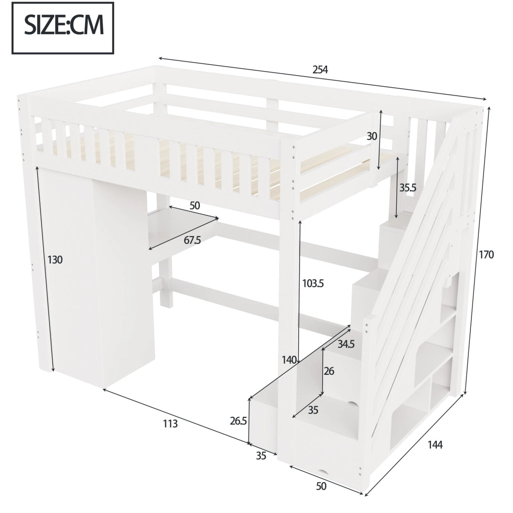 LETTO A CASTELLO 140x200 cm con scrivania, scala contenitore e LED bianco