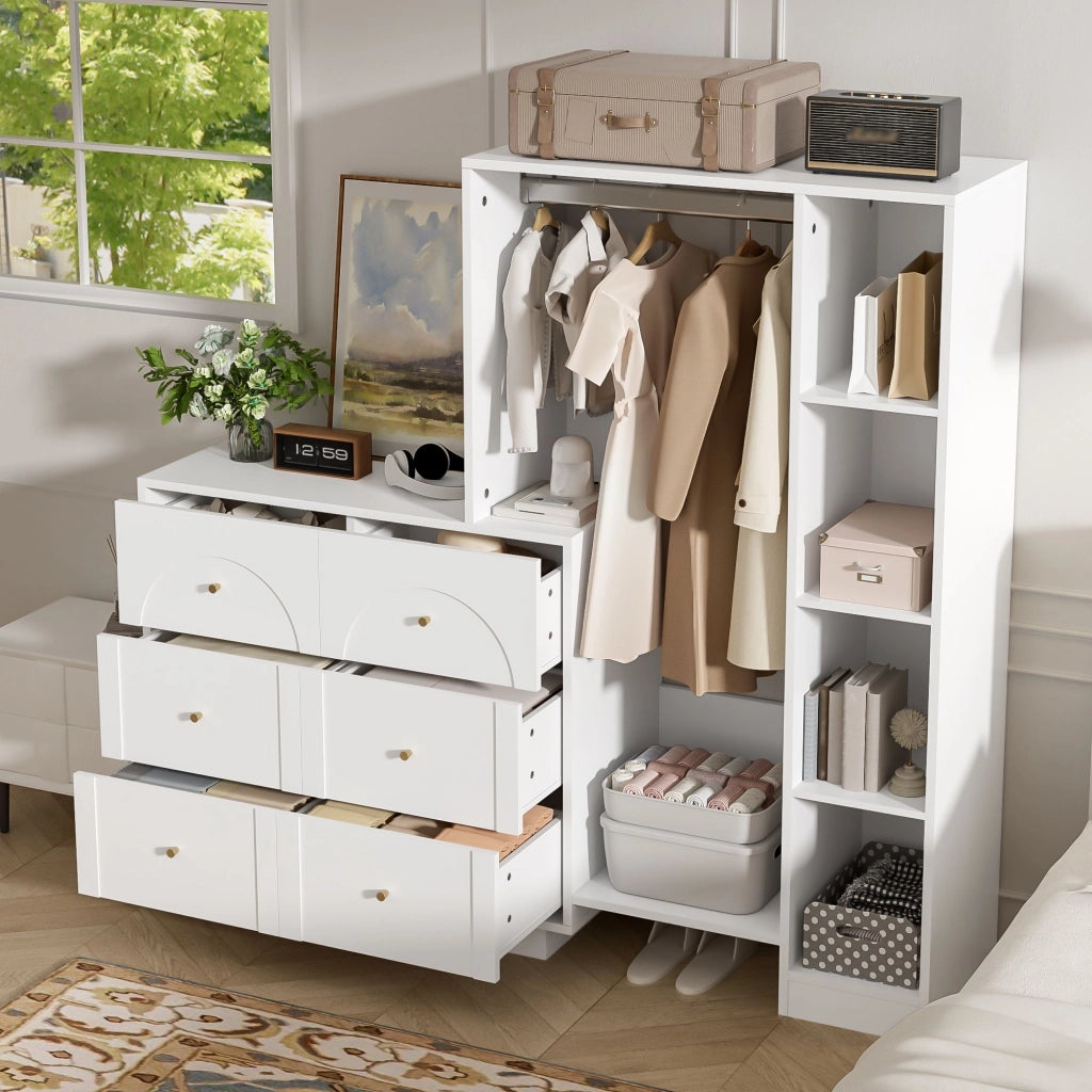 Armadio, mobile da ingresso, 6 cassetti, ripiani, 139 x 35 x 133 cm, bianco