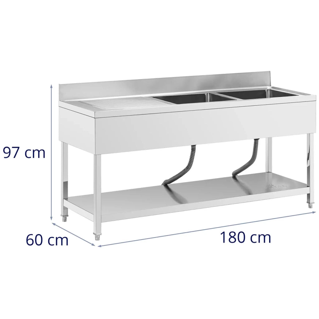 Lavello professionale in acciaio inox con 2 vasche 180 x 60 x 97 cm acciaio inox argento 14_0009567