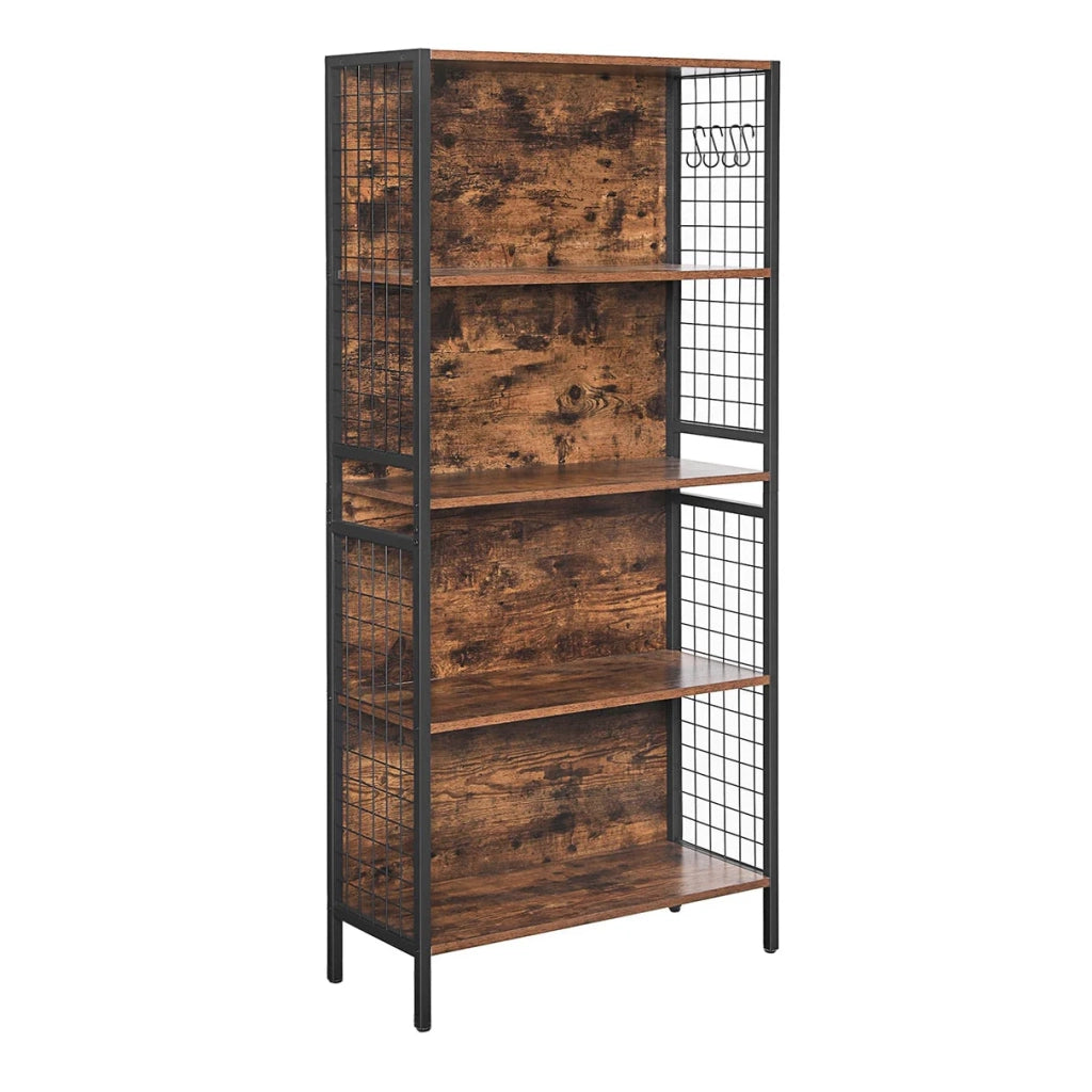 Libreria a 4 ripiani per libri e oggetti decorativi robusta struttura in acciaio con ganci a S marrone rustico e nero per soggiorno e camera da letto 12_0004247