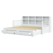 Letto estraibile matrimoniale 90×190 cm e 180×190 cm con cassetti; ripiani e presa; senza materasso; legno; bianco