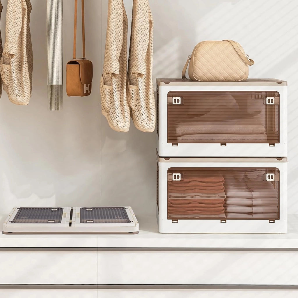 Set di 3 Contenitori Impilabili con Coperchi, Contenitori Pieghevoli in Plastica 132/90 L, Organizzatore con Ruote per Camera da Letto Soggiorno e Cucina (51,5x36,5x88cm)