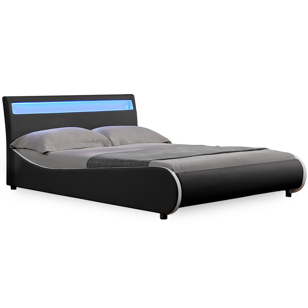 Letto Francese Imbottito Curvo 140x200 cm Testiera Alta con Illuminazione a LED Similpelle Nero Corium