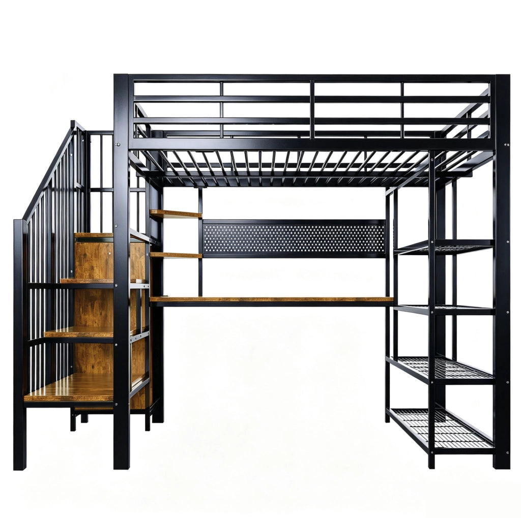 Letto a soppalco multifunzione 140 x 200 cm in metallo e legno; nero; con scala contenitore; LED e prese