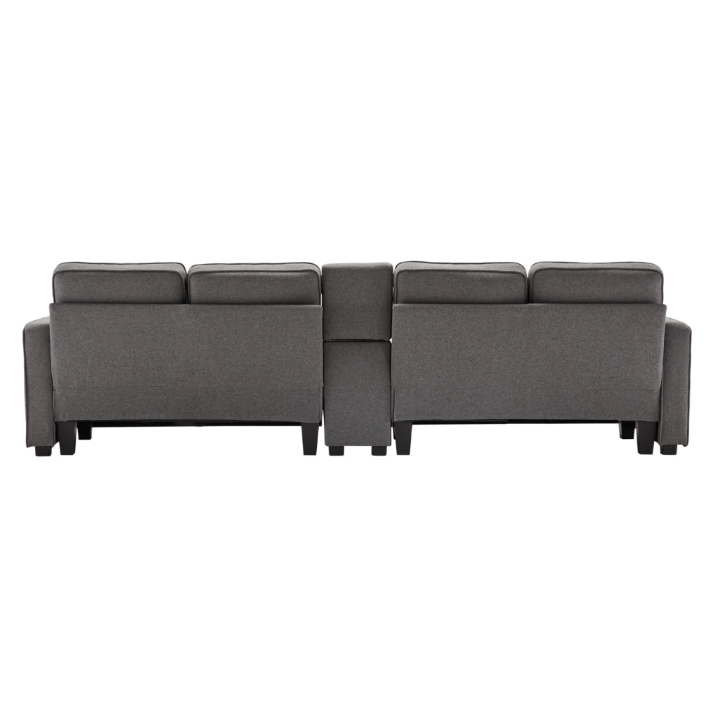 Divano 4 posti con console; 2 portabicchieri e USB; 290 × 83 × 88 cm; effetto lino grigio scuro