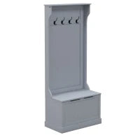 Mobile Appendiabiti 3 in 1 con 4 Ganci e Panca Contenitore, in Legno, 71.5x39.5x170 cm, Grigio