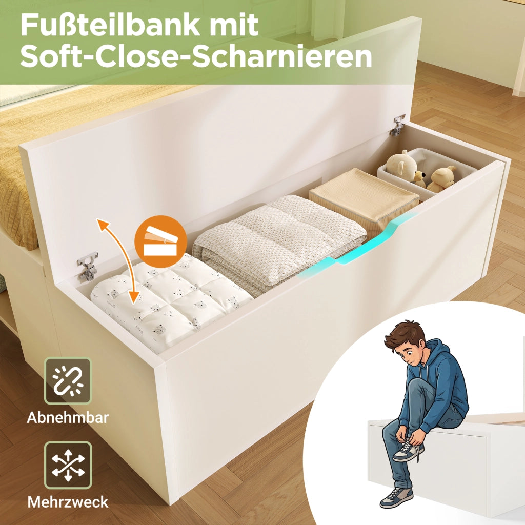 Letto in legno bianco con illuminazione a LED e USB cassetti 90x200 cm