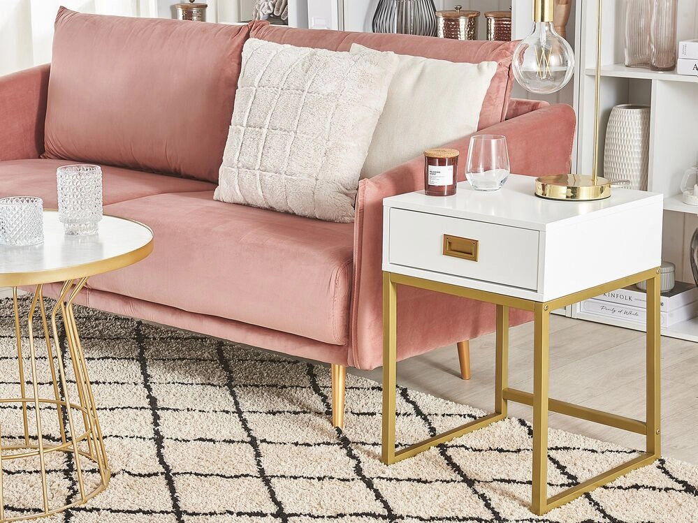 Comodino Bianco con Base in Metallo dorato Glamour
