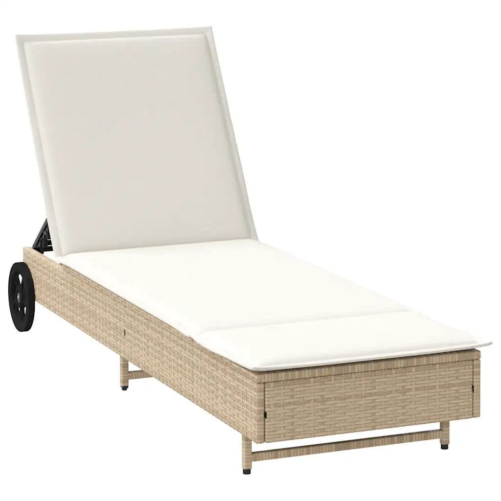 Lettino Prendisole | Sdraio da giardino | Lettino da sole con Ruote e Cuscino in Polyrattan Beige