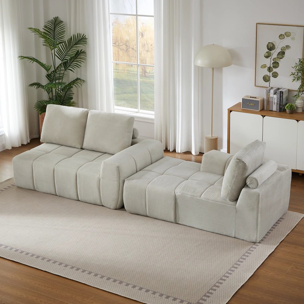 Divano angolare modulare con design capitonné e forma flessibile, senza montaggio, in velluto a coste beige