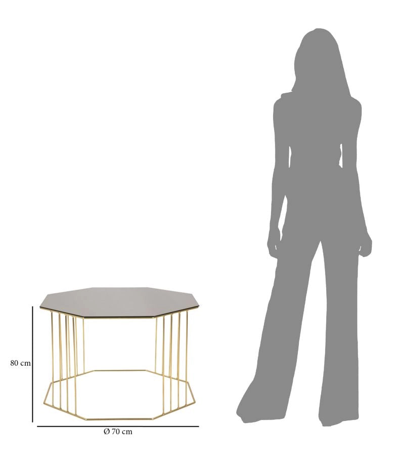 Tavolino in metallo dorato, piano in vetro fumè 70x70x45cm Octagonal