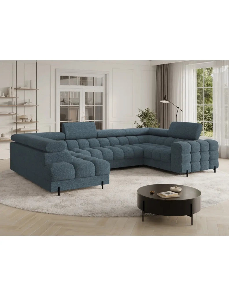 Divano panoramico convertibile FACTORY 3 posti blu melange – angolo sinistro con contenitore
