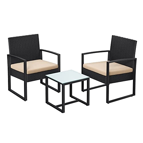 Set di mobili da giardino per esterno 3 pezzi superficie intrecciata in PE per bistrot terrazza giardino balcone montaggio semplice 2 sedie e 1 tavolo nero e beige 12_0001693