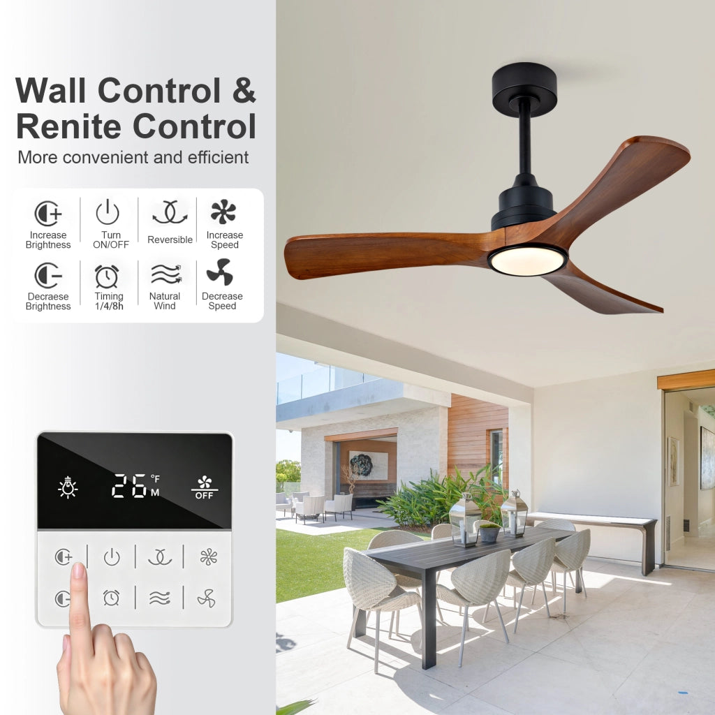Ventilatore da soffitto 42 pollici con illuminazione, 3 pale legno massello, telecomando e wifi, motore DC silenzioso reversibile, moderno