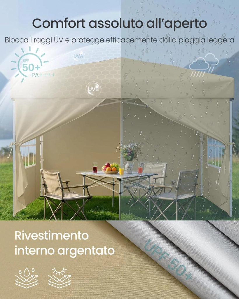SONGMICS Gazebo, Tendone Pieghevole, Protezione Solare, Resistente alla Pioggia Leggera, Portatile, con Pareti Laterali, per Cortile, Giardino, Mercato, 3 x 3 m, Beige GCT104LZ01