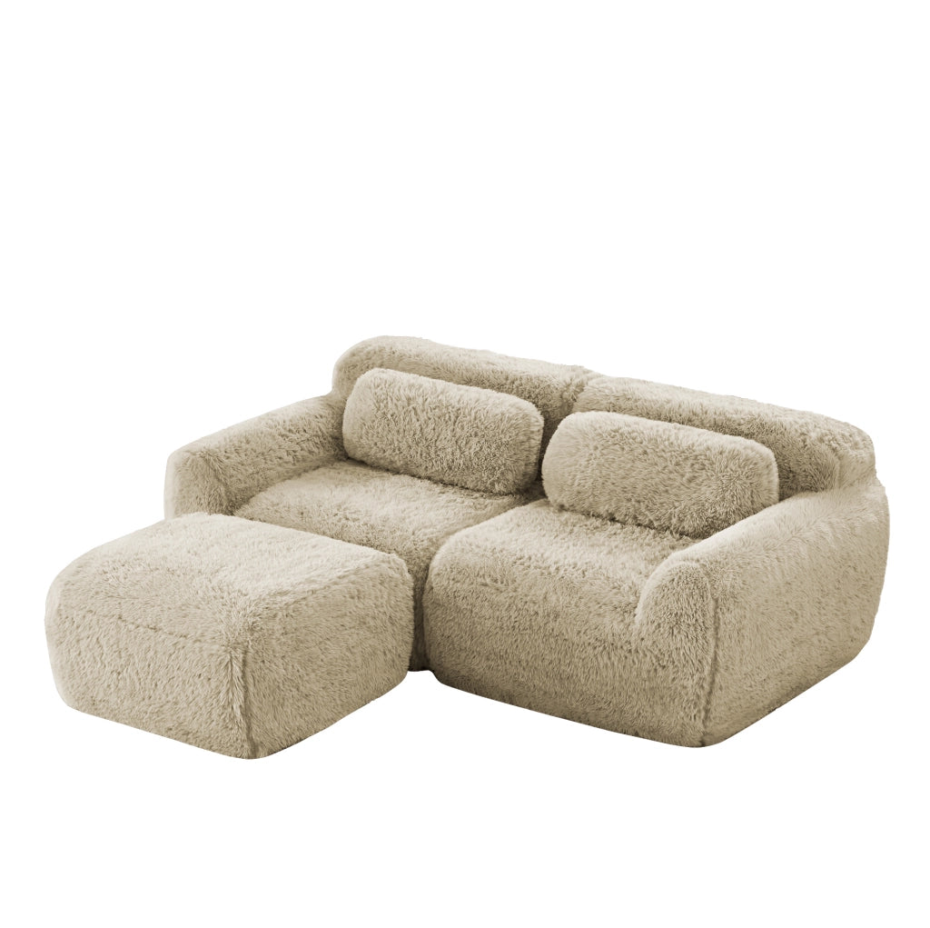 Divano angolare modulare 2 posti in tessuto peluche; 204x179x73 cm; Light Khaki