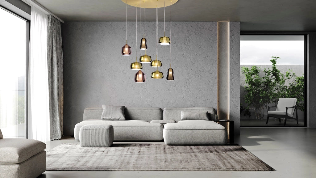X-RAY SOSPENSIONE RETTANGOLARE 9 LUCI VETRI 2 BRONZO, 2 RAME, 5 ORO  MONTATURA ORO ATTACCO G9