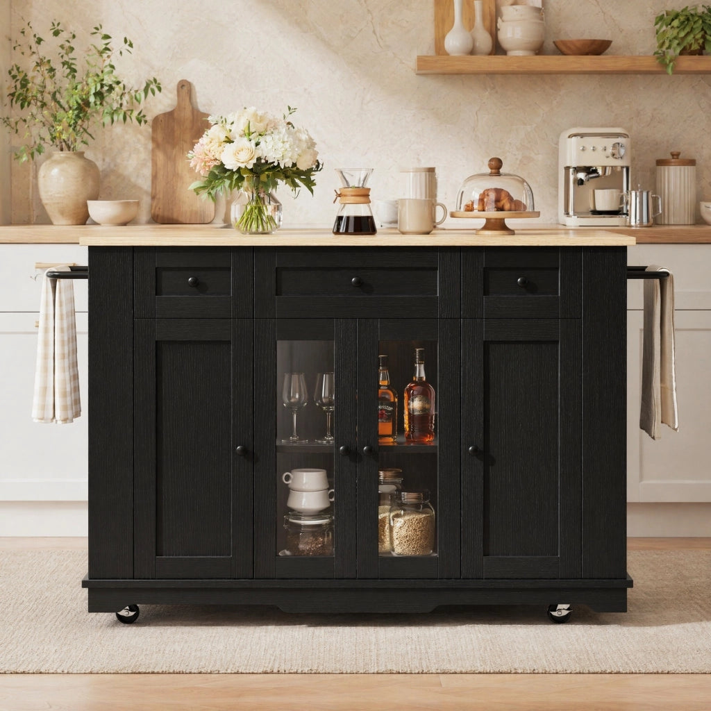 Isola da cucina pieghevole con piano effetto legno, nera