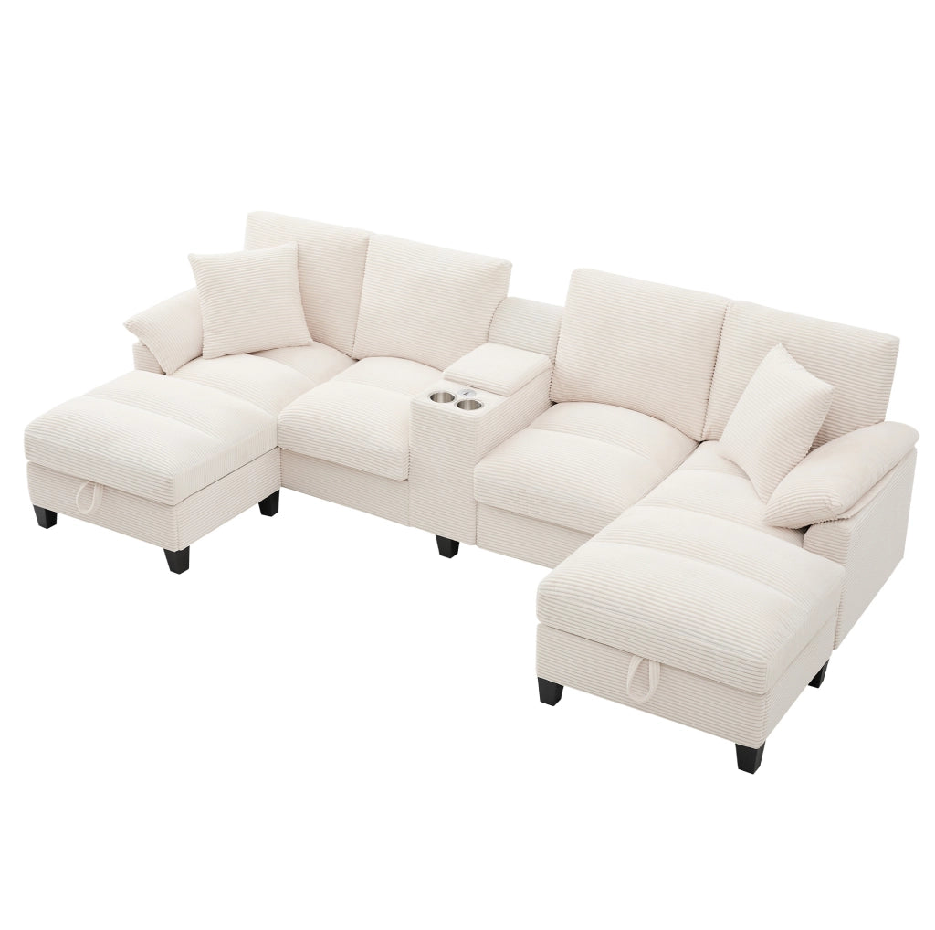Divano modulare a U con contenitore; 2 porte USB e portabicchieri; 293x142x93 cm; beige