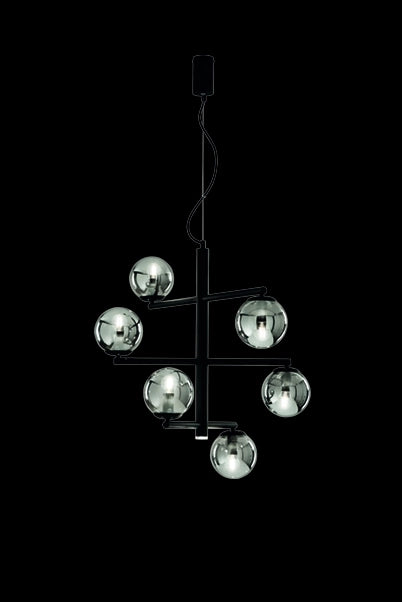 SOSPENSIONE GIZAH NERO VETRI FUME' 6 LUCI ATTACCO E14 PIU' LED INTEGRATO 5W 420LM