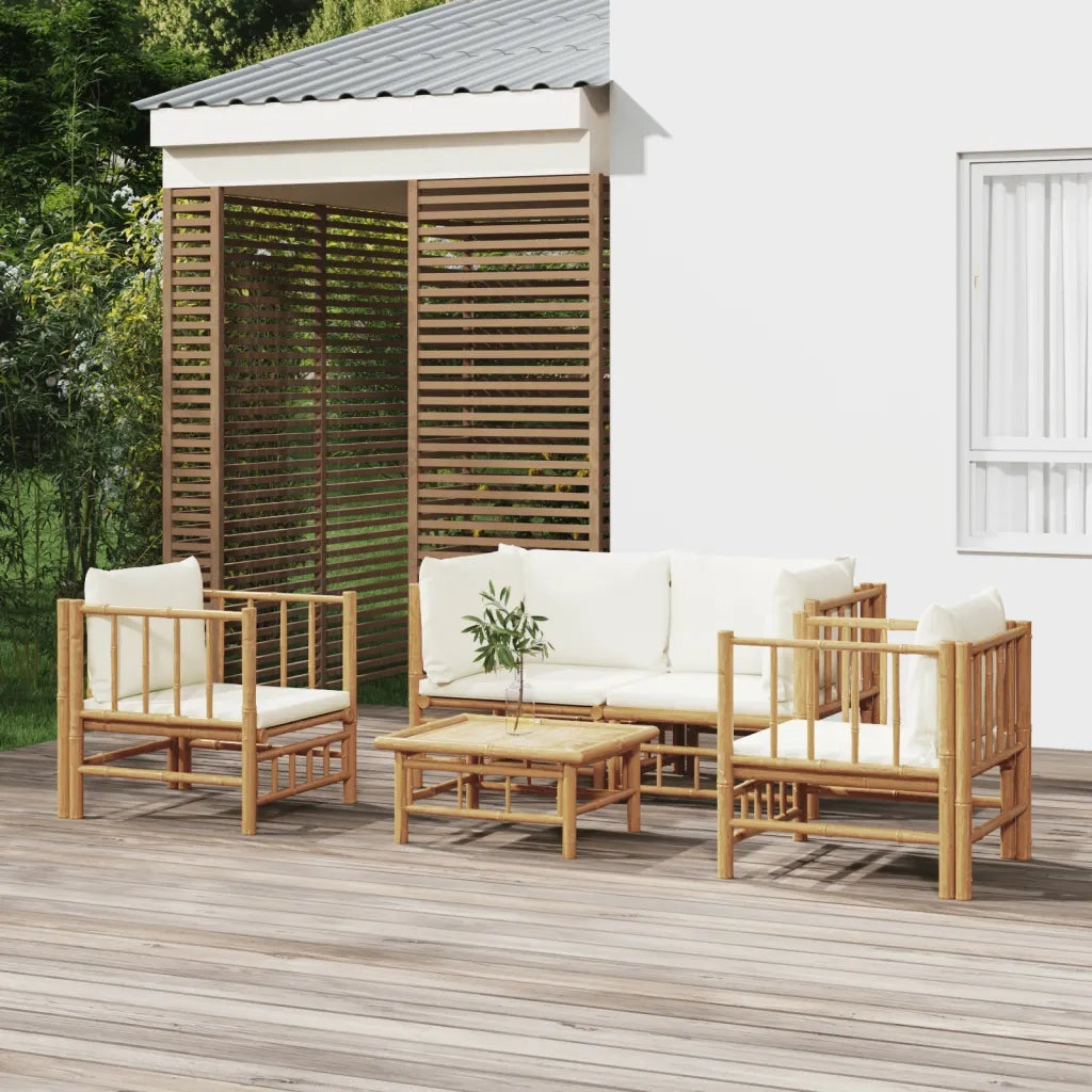 Set Salotto da Giardino 5pz con Cuscini Bianco Crema in BambÃ¹