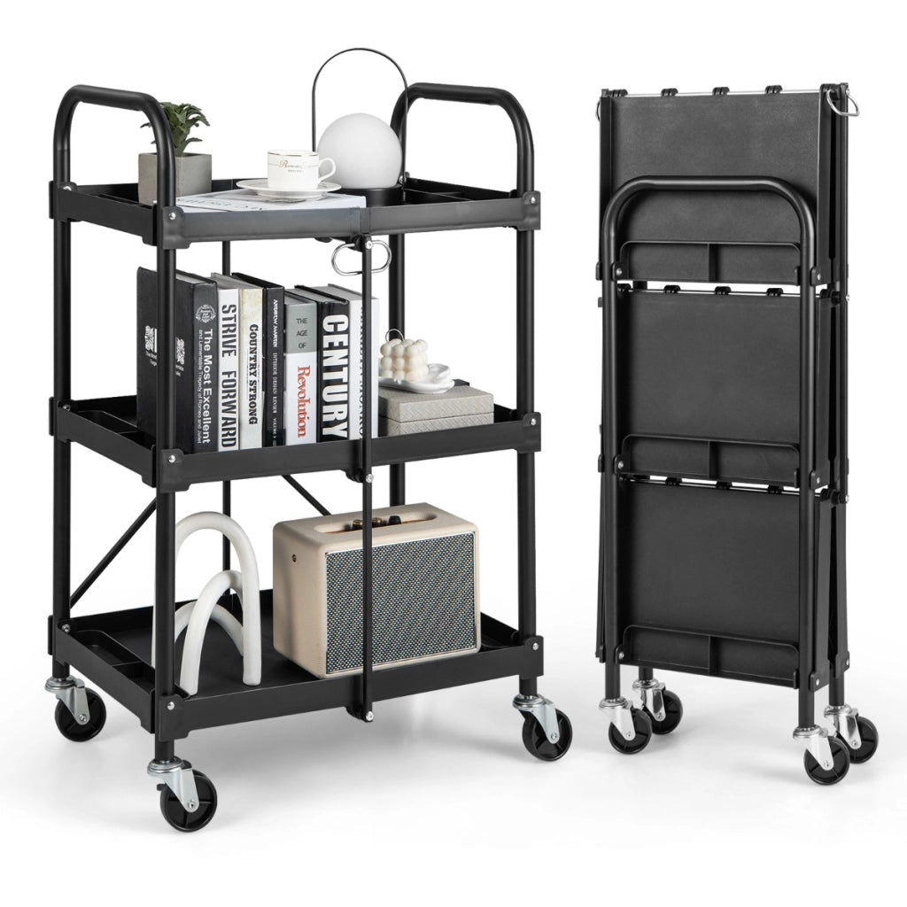 Carrello a 3 piani da cucina con ruote e corrimano universali, Carrello portatile per utensili pesanti Nero-Carrelli