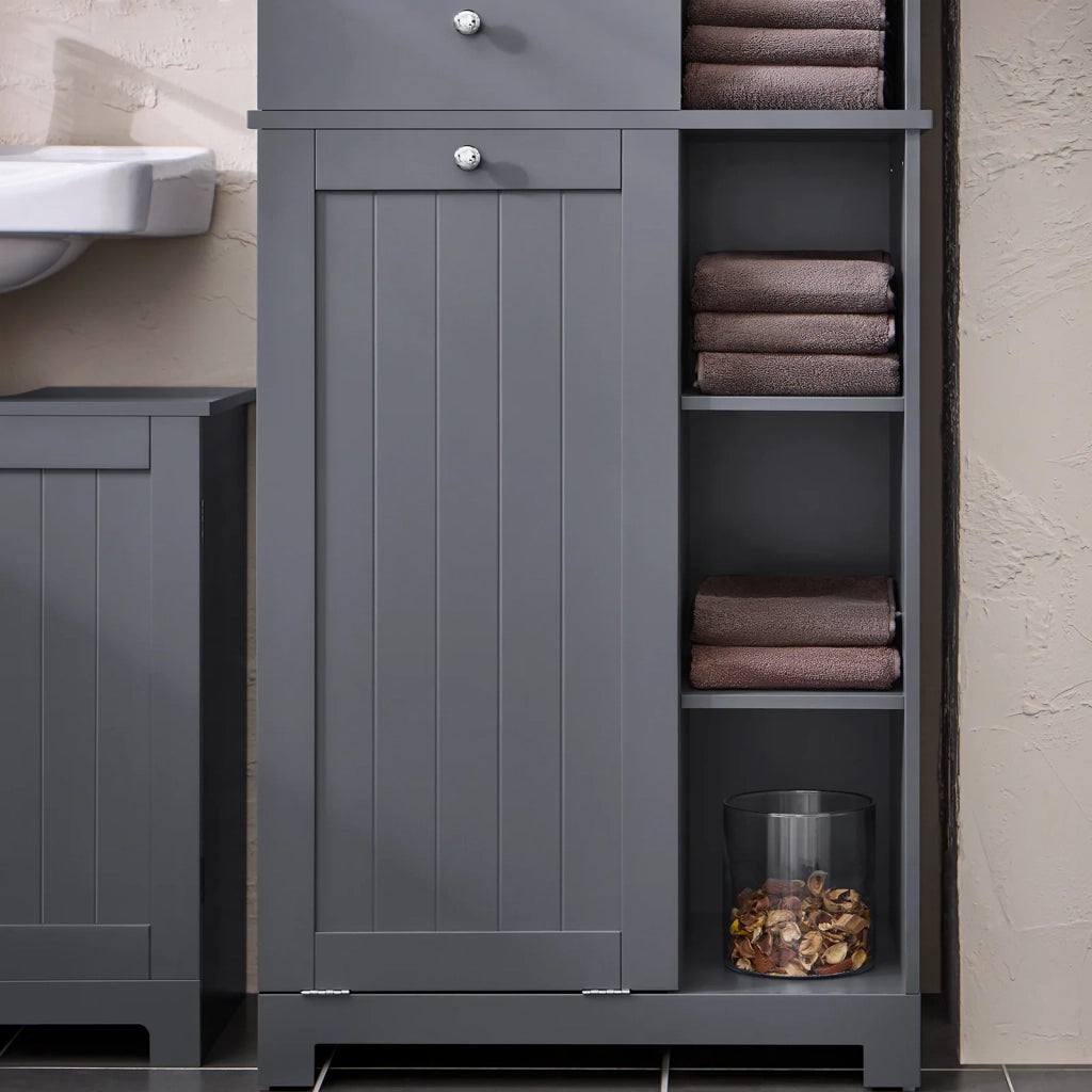 Mobile alto con portabiancheria apribile Armadietto da Pavimento Mobile bagno Grigio 60x37x170cm BZR104-DG