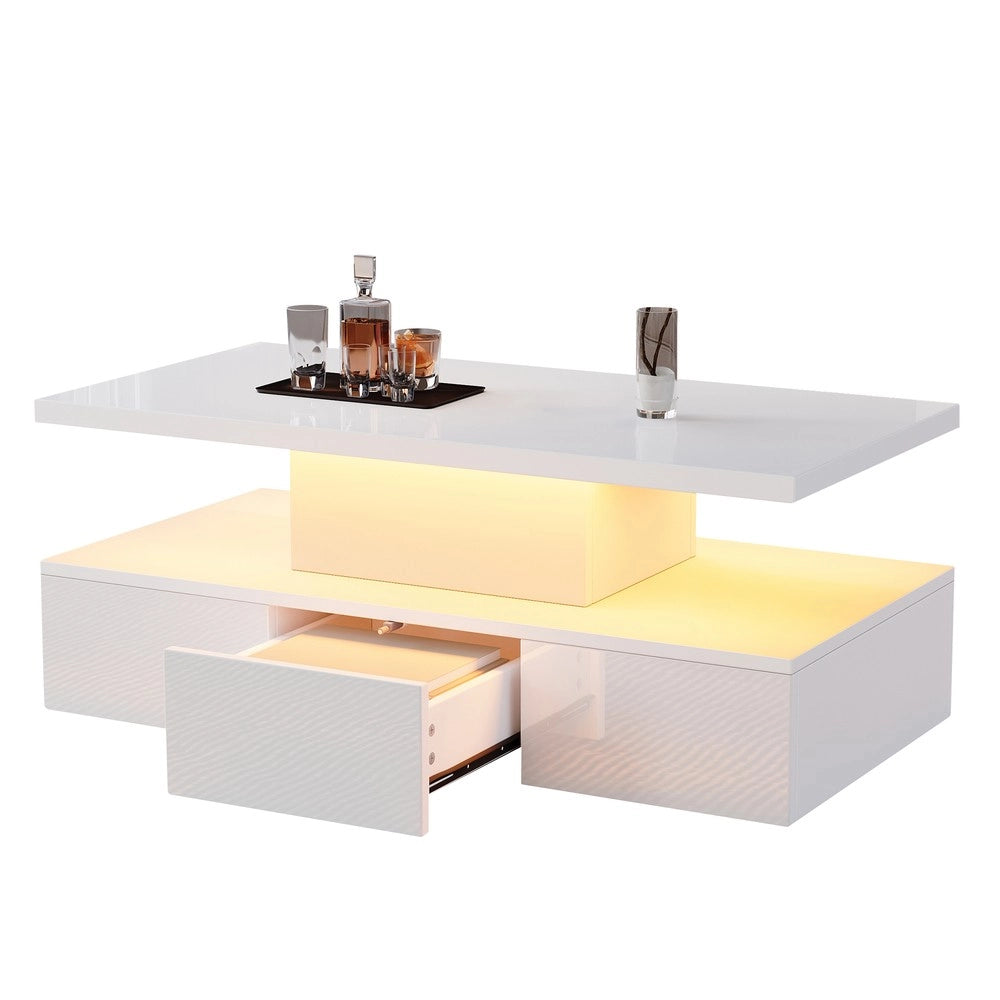 Tavolino da Caff¨¨ con LED 16 Colori e Cassetto ¨C MINIMAL ¨C Bianco Lucido, Rettangolare, 2 Ripiani