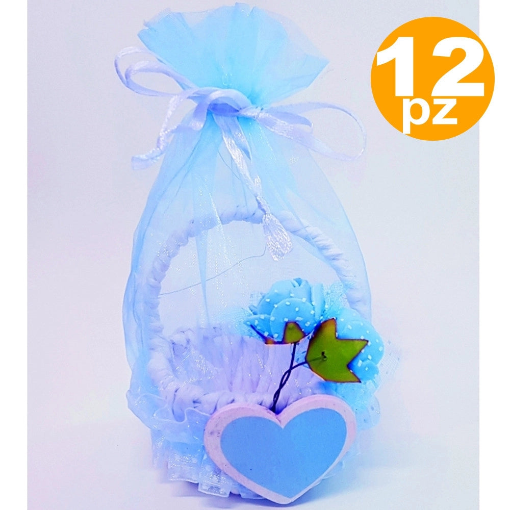 Trade Shop - Bomboniere Cestino Azzurro Cuore Sacchetto Organza Confetti Nascita Battesimo -