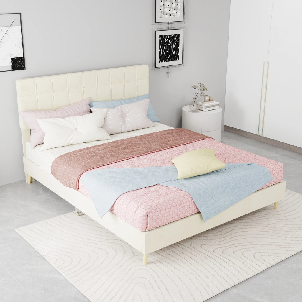Letto matrimoniale 140 × 200 cm con testiera trapuntata, struttura stabile, senza materasso, in velluto beige