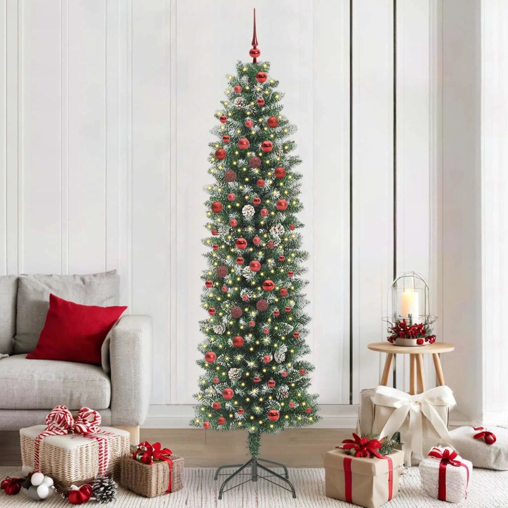 Albero di Natale Artificiale Sottile Verde e Bianco 210 cm