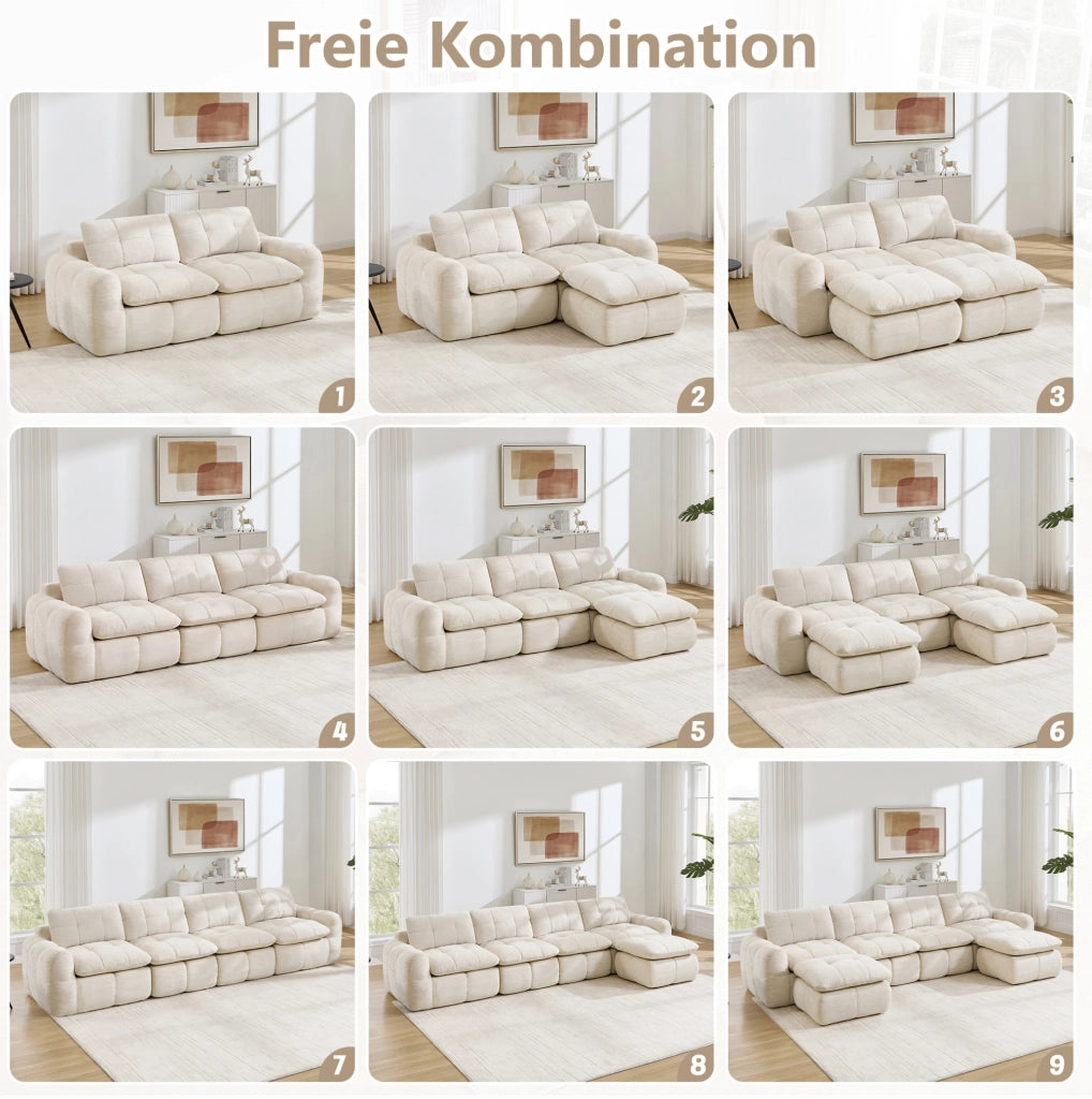 Divano modulare senza struttura in chenille beige; 334 × 160 × 68 cm
