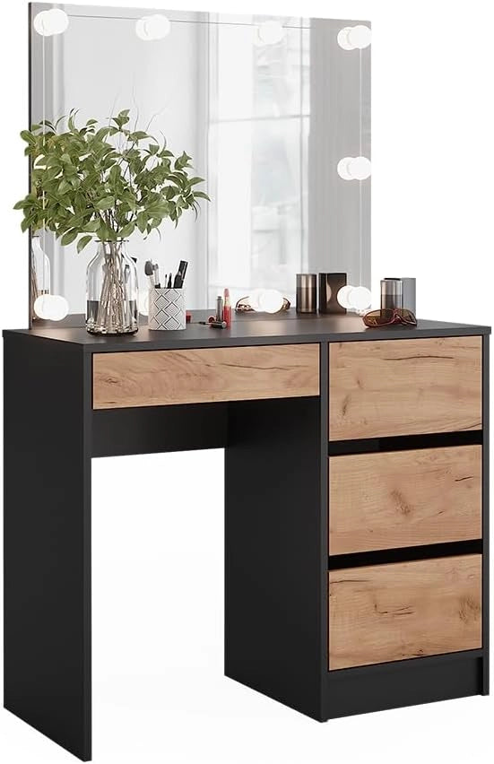 Tavolo da toilette Sherry, Antracite/quercia dorata, 90 x 75 cm con specchio e illuminazione a LED, sgabello regolabile in altezza con funzione girevole a 360° per adattamento della seduta