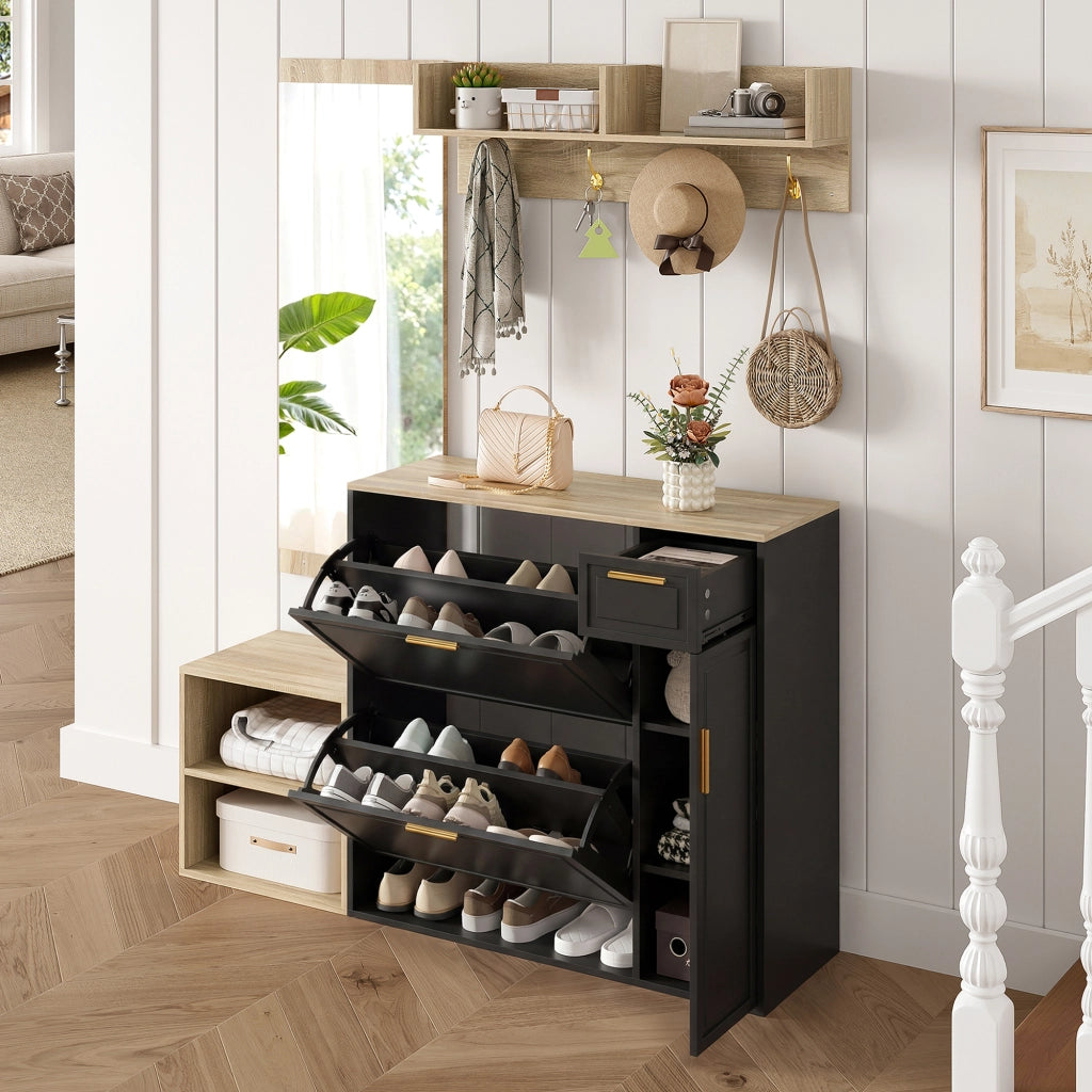 Set ingresso 4 pezzi con scarpiera, panca, appendiabiti da parete e specchio, design salvaspazio in colore Naturale + Nero