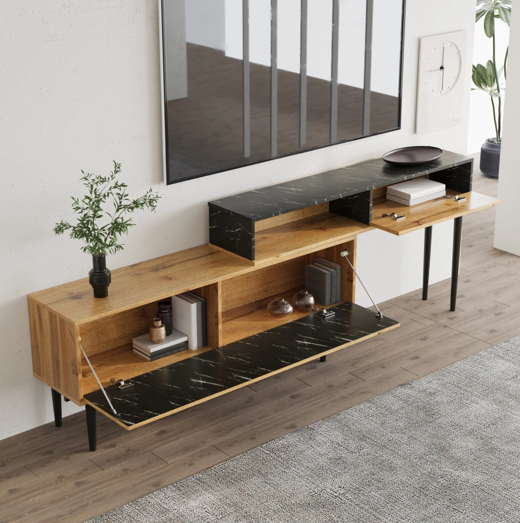 Mobile TV moderno con effetto marmo e venatura legno; struttura in MDF; colore legno naturale